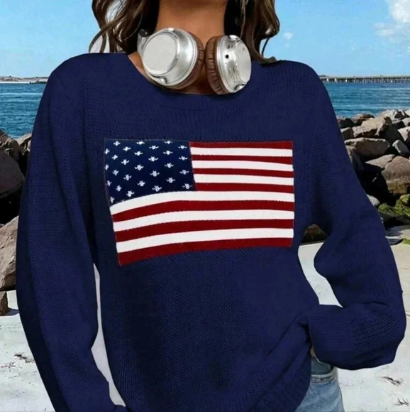 Flag Pattern Drop Shoulder Long Sleeve Sweater - Picture 3 of 5